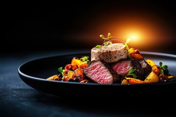 Gourmet grilled steak elegant restaurant food photography dramatic lighting close-up view culinary art