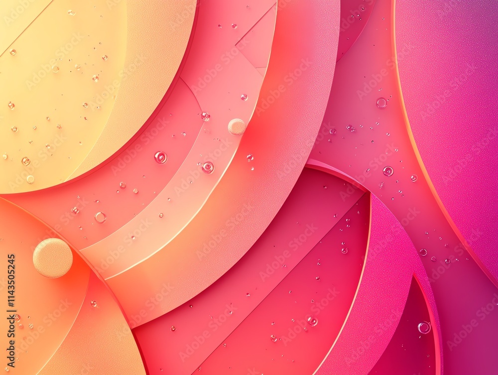 Poster abstract design featuring layered shapes and bubbles in vibrant pink and yellow hues.