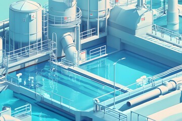 Fototapeta premium Modern Water Treatment Plant with Clean Pools and Pipes