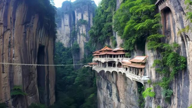 Hidden Cliff Monastery: Describe a monastery carved into the side of a towering cliff