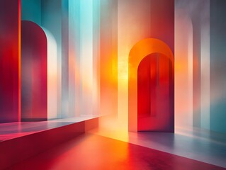 Fototapeta premium Abstract architectural scene with vibrant colors and light play.