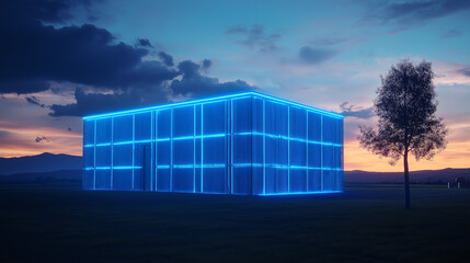 Obraz premium Innovative sustainable agriculture solutions for climate change and water management in modern architecture at sunset