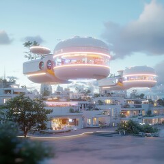 Futuristic Cityscape with Floating Homes and Lush Greenery at Dusk