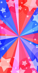 星が飛び出す赤と青のトリコロールカラーの放射背景(縦型)