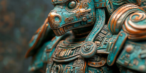 Fototapeta premium Close up of a bronze ancient Mayan-inspired robot, with aquamarine and dark green hues, generative AI