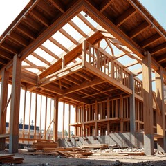 Fototapeta premium Construction site showcasing modern building framework wood concrete design wood design concrete architecture wall floor modern