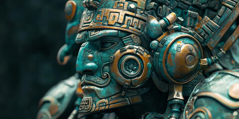 Fototapeta premium Close up of a bronze ancient Mayan-inspired robot, with aquamarine and dark green hues, generative AI