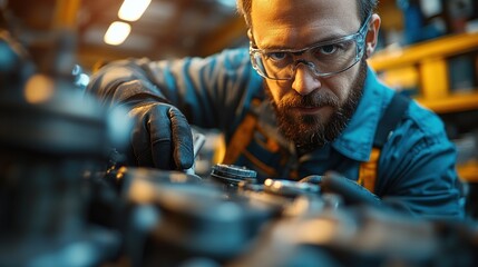 Car Mechanic Working on Engine Repair and Maintenance Electric Battery Inspection in Auto Repair Workshop