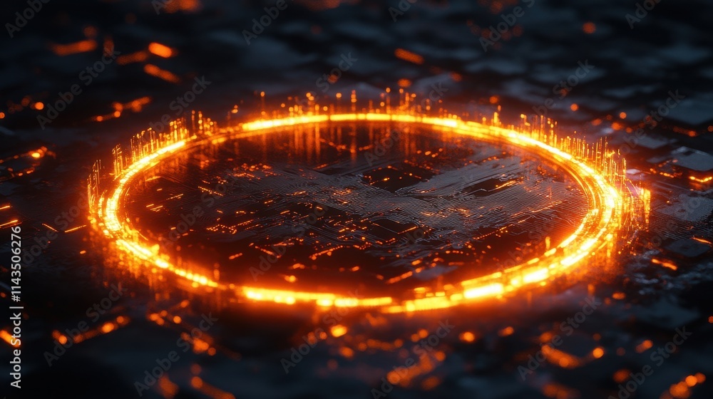 Poster glowing orange ring on dark surface; abstract digital circuit board texture. ideal for tech, futuris