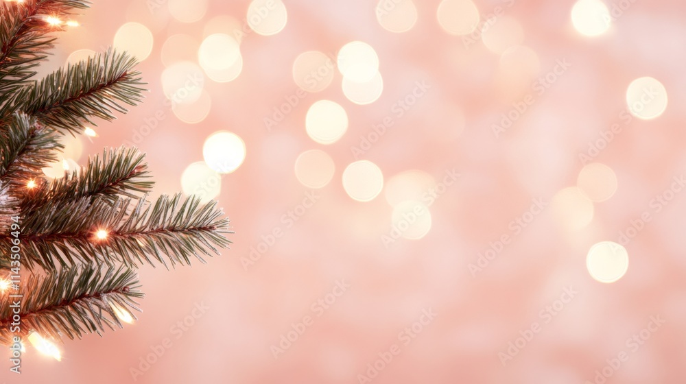 Poster festive christmas lights and pine branch on soft abstract background
