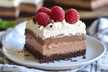 Delicious three-layered chocolate mousse cake, topped with fresh raspberries and whipped cream. Perfect for dessert menus, food blogs, or culinary websites showcasing decadent treats.