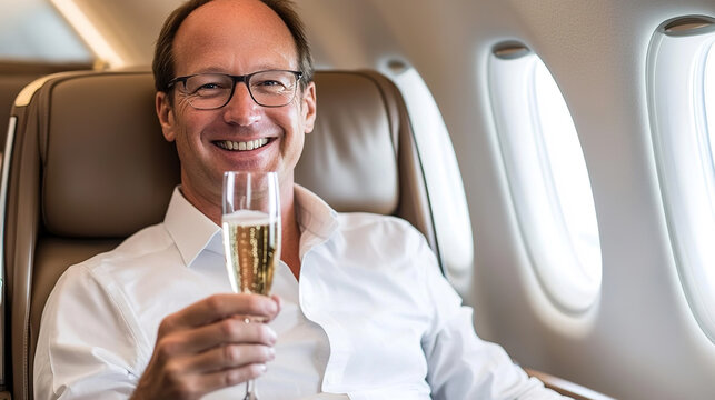 Businessman in luxurious airplane seat, smiling with champagne, symbolizing successful flight upgrade in premium environment.
