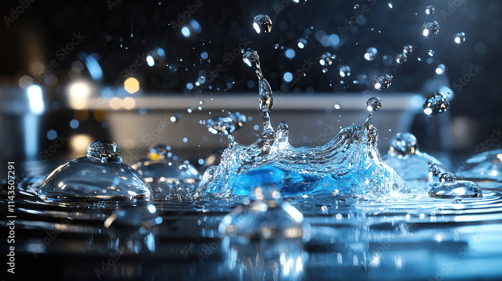 Poster hyper realistic image of water splashing with droplets and ripples, illuminated by dramatic lighting