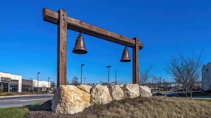 Two bronze bells hanging from a wooden structure, set against a bright blue sky and landscaped area.