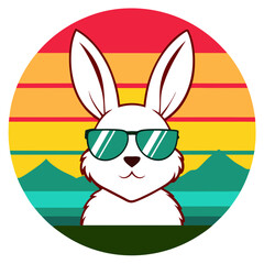 Retro Style Rabbit Illustration with Sunglasses in Sunset Circle Design For T-shirt
