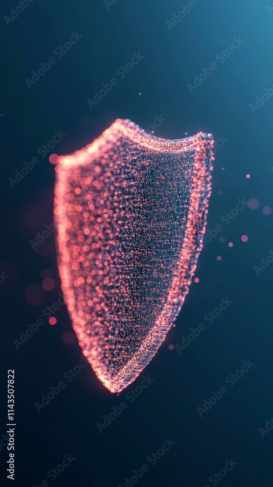 Poster futuristic digital shield in glowing network pattern on dark background