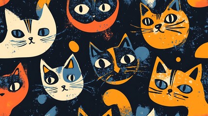 Vivid cat faces pattern digital art, naive style illustration.. AI Generated