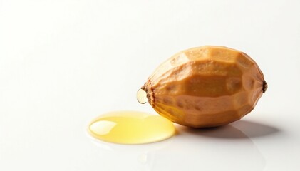 Argan seed with a single drop of argan oil glistening on its surface against a white background, natural, botanical, nature-inspired