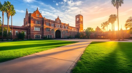 Obraz premium Courthouse building exterior bathed in warm sunset hues, symbolizing justice and order amidst the tranquility of evening light