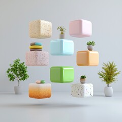 Floating Colorful Cubes with Plants in Minimalist Interior Setting