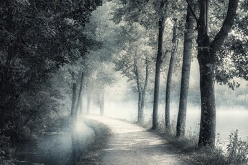 Tranquil misty pathway through a serene forest by a quiet lake, surrounded by tall trees and soft fog, creating a peaceful and dreamy atmosphere