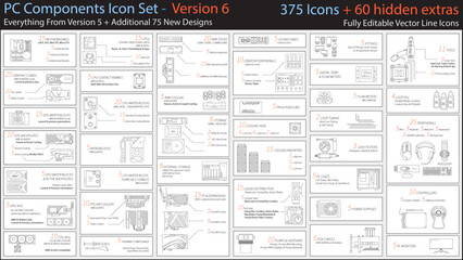 PC Component Icons, Computer Parts - VERSION 6 - contains every PC hardware component needed for high end enthusiast / gaming builds using liquid or air, open or closed loop