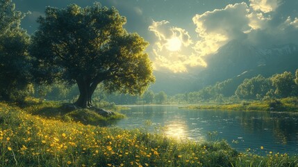 Fototapeta premium Serene lakeside scene, wildflowers, mountains, sunlit tree.