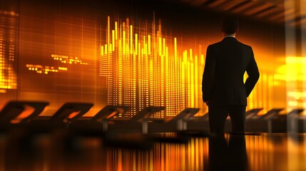 A tech executive analyzing a glowing 3D data chart in a cinematic-lit conference room