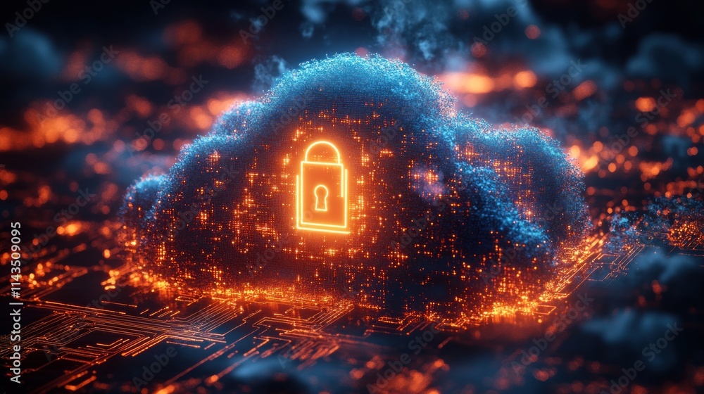Poster cloud security digital lock illustration for data protection in cybersecurity and computing services