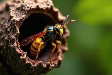 Asian hornet Vespa velutina emerging from its nest, nesting site, insect life cycle