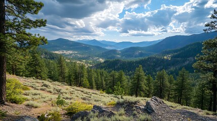 Obraz premium Mountain Vista: A Summer Afternoon in the Pine Forests. AI Generated