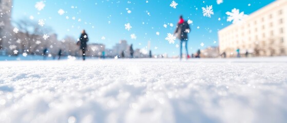 Urban Winter Scene with People Walking Cautiously on Ice-Covered City Square Under Soft Light