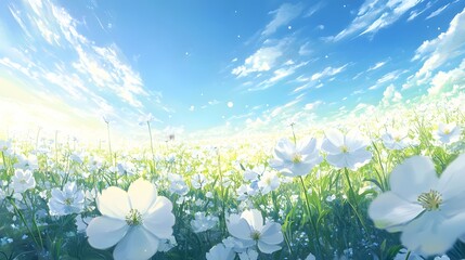 White Cosmos Field Under a Bright Summer Sky