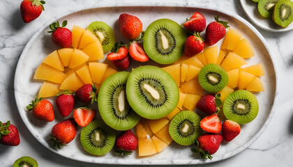 "Top-Down View of a Neatly Arranged Platter with Sliced Kiwis, Melons, Strawberries, and Citrus Fruits Artfully Placed on a Marble Surface – Fresh and Vibrant Fruit Presentation"