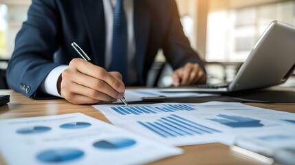 A cinematic office scene with an entrepreneur presenting futuristic financial models