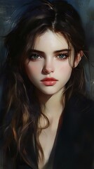 Naklejka premium Dark haired girl digital painting soft realistic style portrait. AI Generated