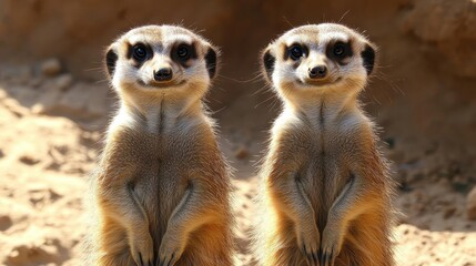 Fototapeta premium Two meerkats stand alert, facing forward. Ideal for websites, blogs, or presentations about teamwork, wildlife, or Africa.