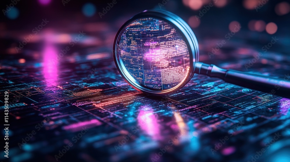 Poster IT Security Risk Assessment with Magnifying Glass and Digital Interface in Cyberpunk Style