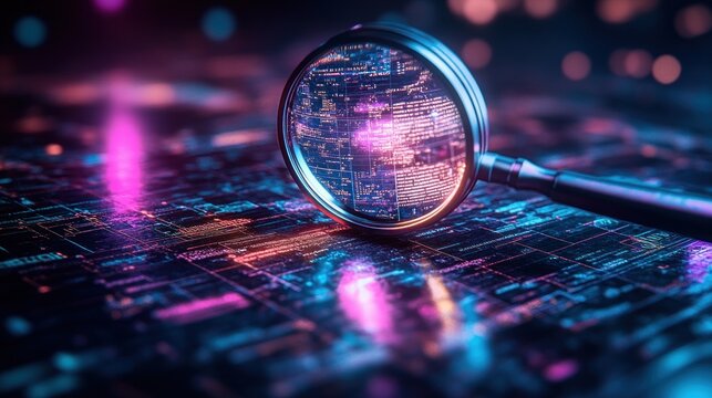 IT Security Risk Assessment with Magnifying Glass and Digital Interface in Cyberpunk Style - Powered by Adobe