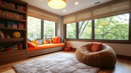 Cozy kids' room with window seat, beanbag chair, and built-in shelving. Ideal for blogs, articles about children's spaces, or real estate listings.