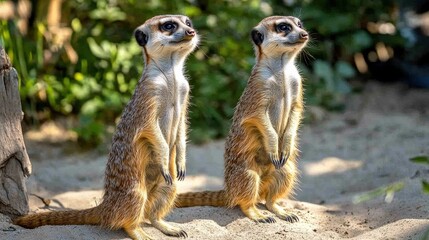 Fototapeta premium Two meerkats stand upright on sandy ground, alert and watchful. Perfect for wildlife, nature, or African animal themed projects.