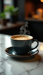 A steaming cup of dark espresso rests on a marble counter, inviting the senses, coffee, steam, shine