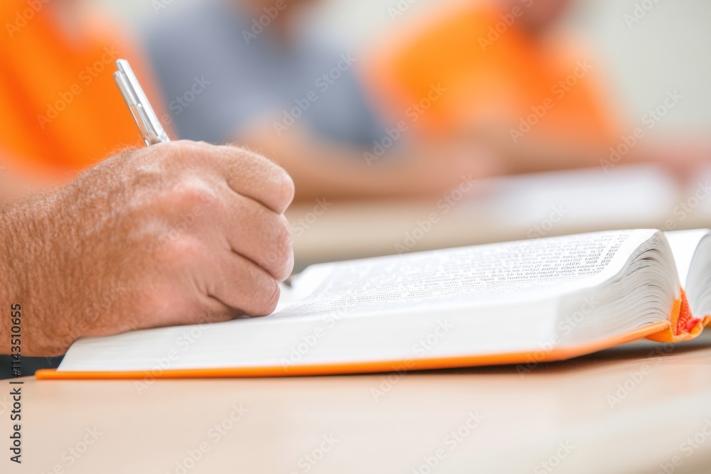 Aufkleber close-up of hand highlighting language textbook with open notebook on shared table