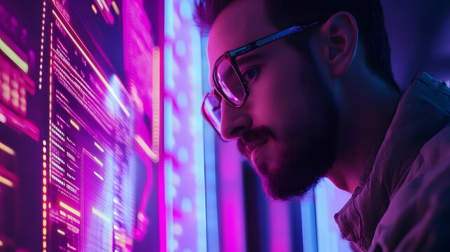 A tech startup leader strategizing with an AI assistant in a neon-themed workspace