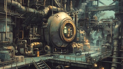Fototapeta premium Industrial machine illustration in a detailed steampunk style artwork. AI Generated
