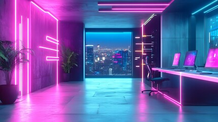 A futuristic workspace showcasing AI-driven solutions with vibrant neon highlights