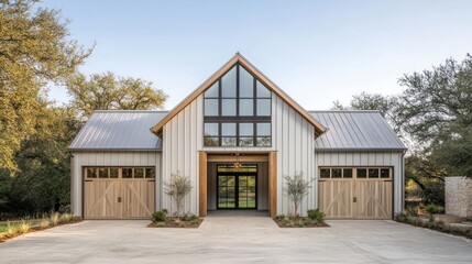 Obraz premium Modern farmhouse with metal roof, large windows, and wood garage doors.