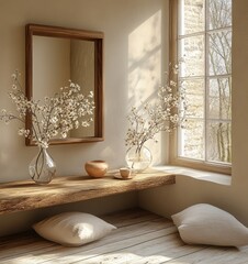 Minimalist Wooden Shelf with Dried Flowers in Glass Vase Zen Inspired Scandinavian Design