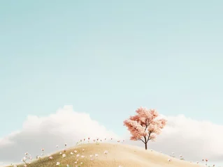 Gardinen Minimalist Hillside with Blossoming Tree Under Soft Clouds © Ryzhkov