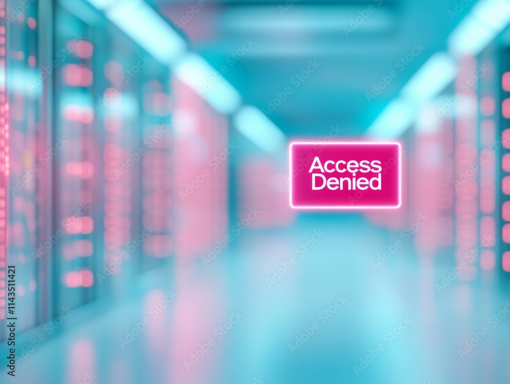 Poster futuristic data center with holographic access denied sign in neon glow